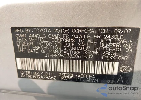 2008 Lexus Is 250 from USA, damaged, VIN JTHBK262382061509